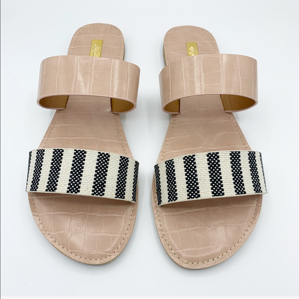 Chic Nude Knit Double Strap Sandals Black & White Stripes Casual Flat Slides